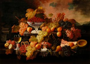 Abundance of Fruit, 1860.  Severin Roesen (ca. 1815-ca. 1872).  Oil on panel.  Long-term loan from the Jack and Susan Warner Collection, 2011.115LTL.
