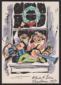 Holiday Card, 1957.  Frank di Gioia (1900-1981).  Pen and ink drawing with hand coloring, 6 1/4 x 4 1/3 in.  Milch Gallery records, Archives of American Art, Smithsonian Institution.