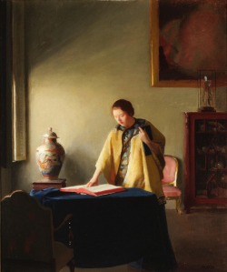 Woman with Book, ca. 1910.  William McGregor Paxton (1869-1941).  Oil on canvas on board.  1981.16.